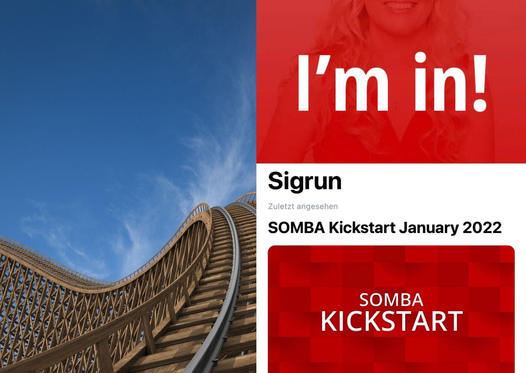 Eine Holzachterbahn mit dem Blick in den Himmel. Logo des Somba Kickstart Kurses im Januar 2022